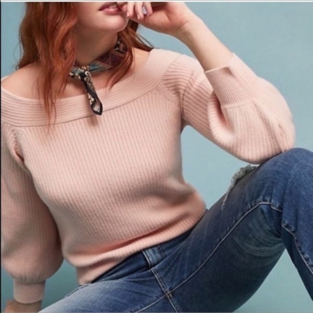 Anthropologie MOTH Off The Shoulder Ballon Sleeve Sweater in Blush Pink